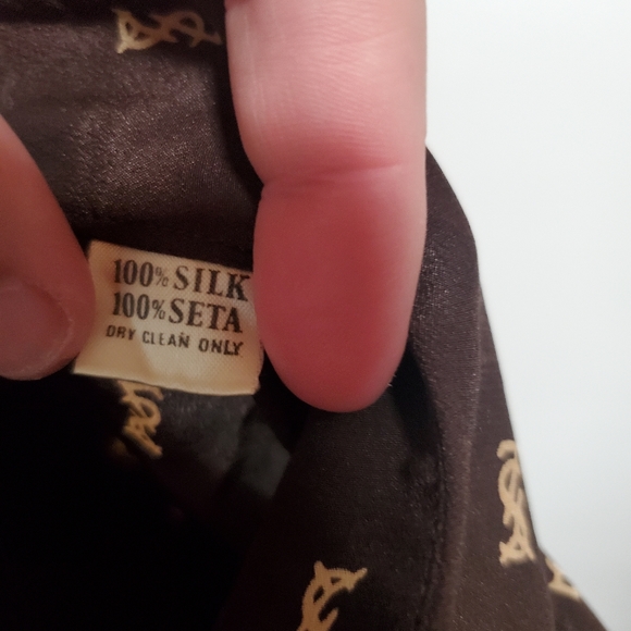 Vintage Yves Saint Laurent YSL Brown Silk Logo Long Sleeve Button Up Blouse sz12 - Picture 8 of 8
